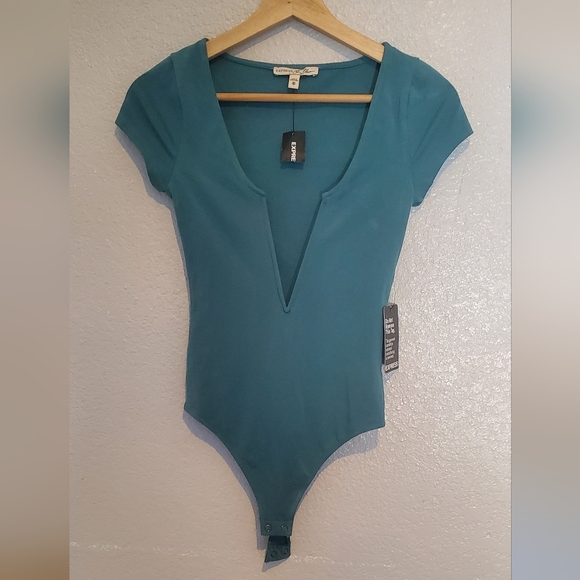 NWT EXPRESS One Eleven Deep Plunge V-Neck Blue Green Thong Bodysuit Size XS - Picture 3 of 6